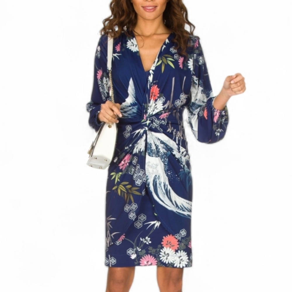 Hale Bob Stretch Jersey Japananse Waves Dress Size L - Picture 2 of 11